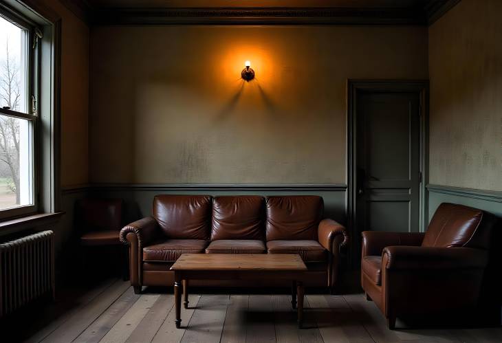 Vintage Interior with Leather Sofa, Wooden Table, and Antique Ceiling Light